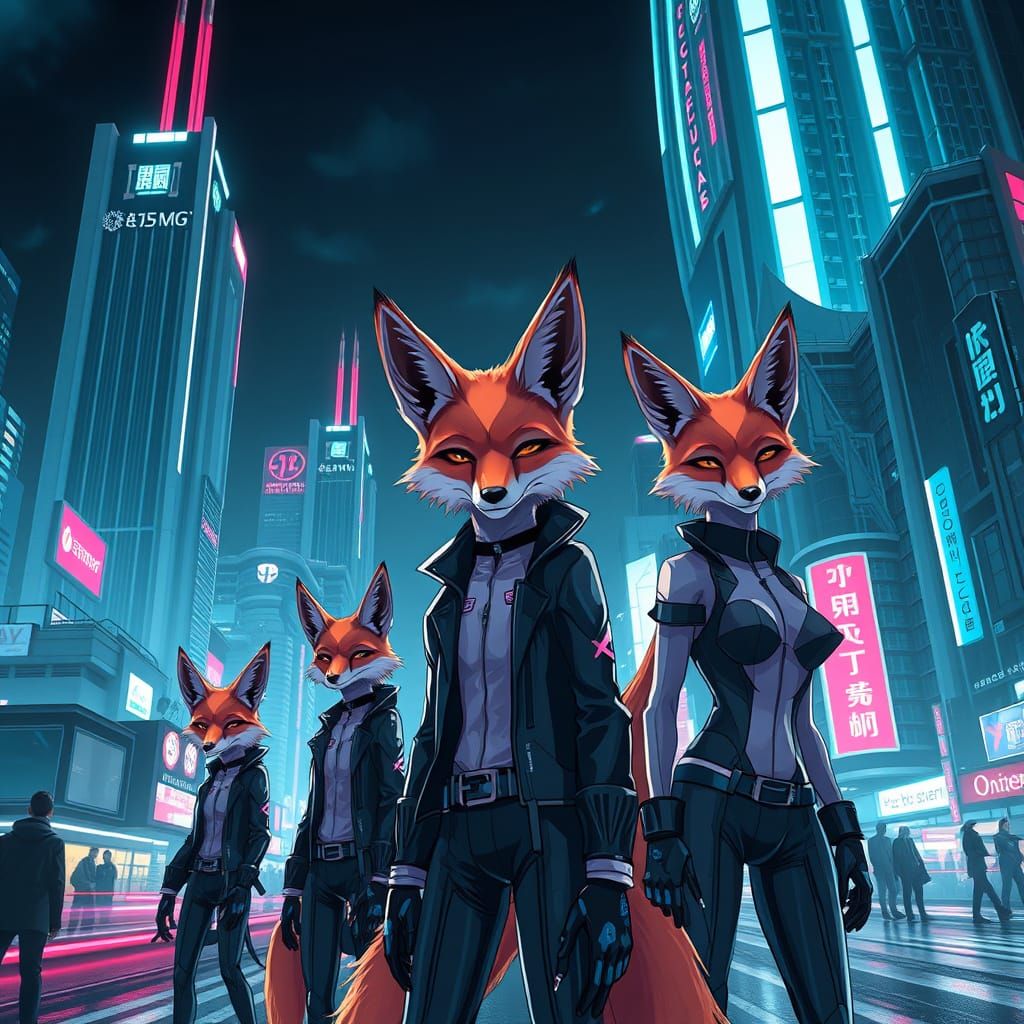 Cybernetic Foxes Roam a Neon-Lit Cyberpunk Cityscape
