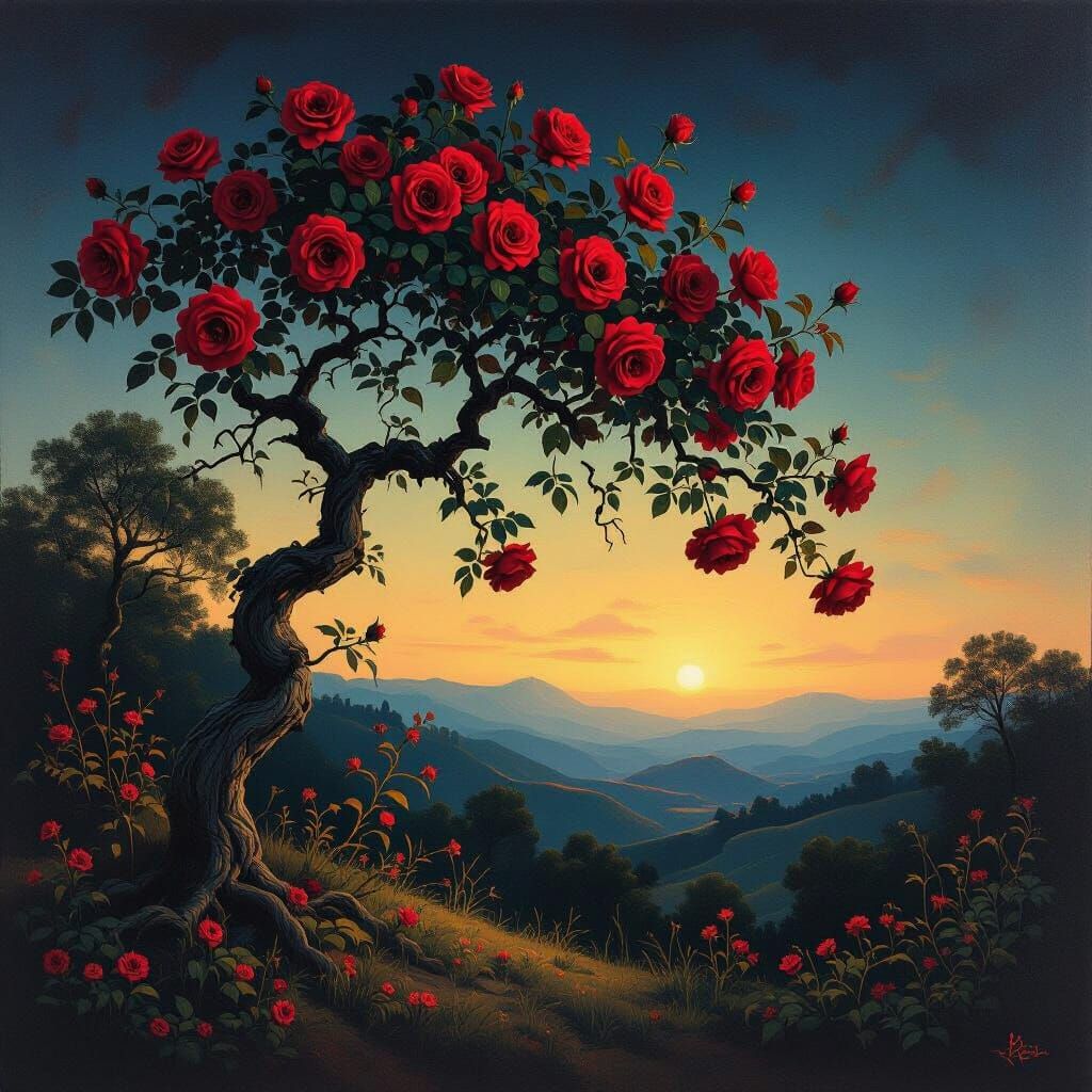 Ethereal Rose Tree at Twilight in Magical Realism Style