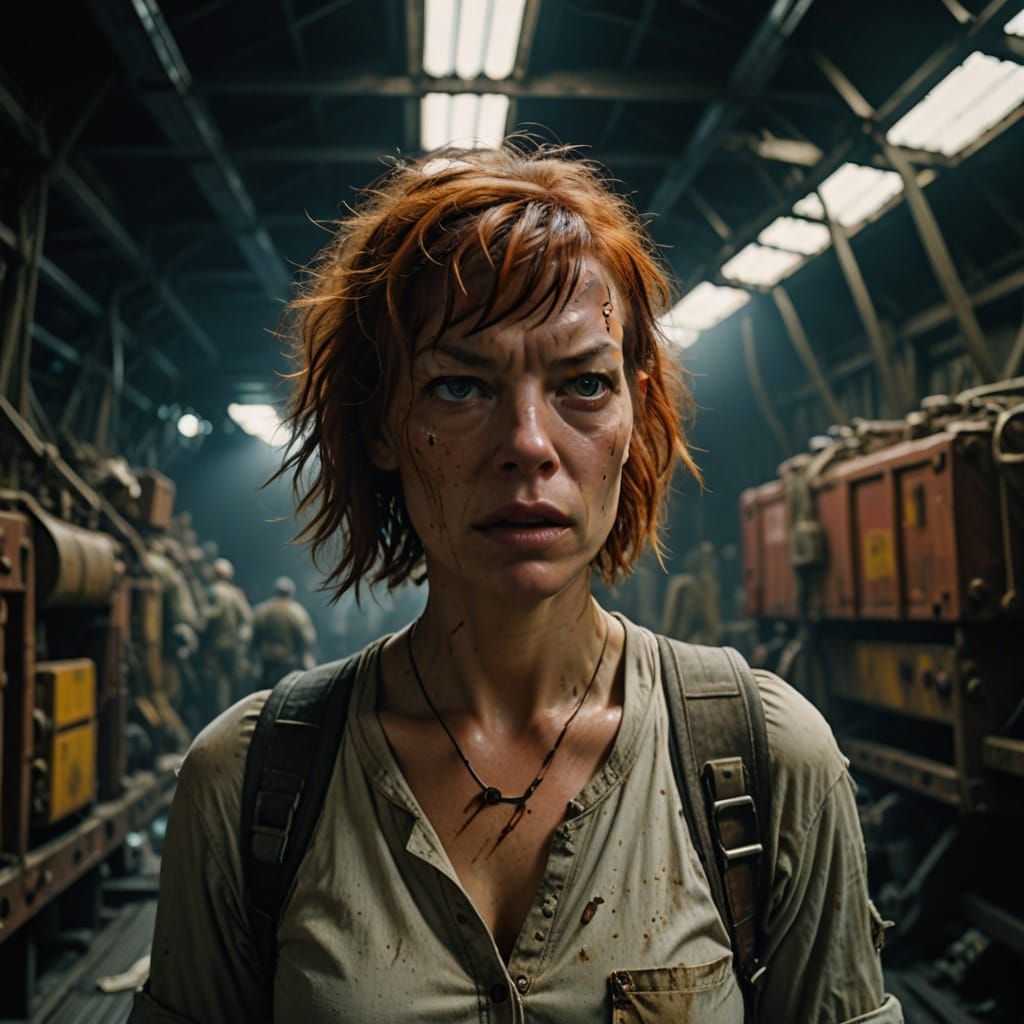 Exhausted Cargo Handler on Tramp Freighter, Cinematic Still