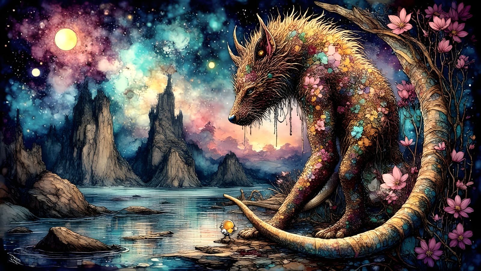 Mystical Shaman on Floating Island in Space