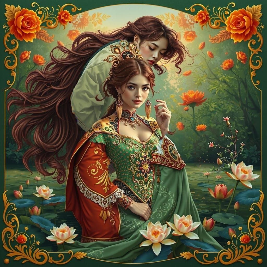 Embracing Figures in Ornate Floral Costumes