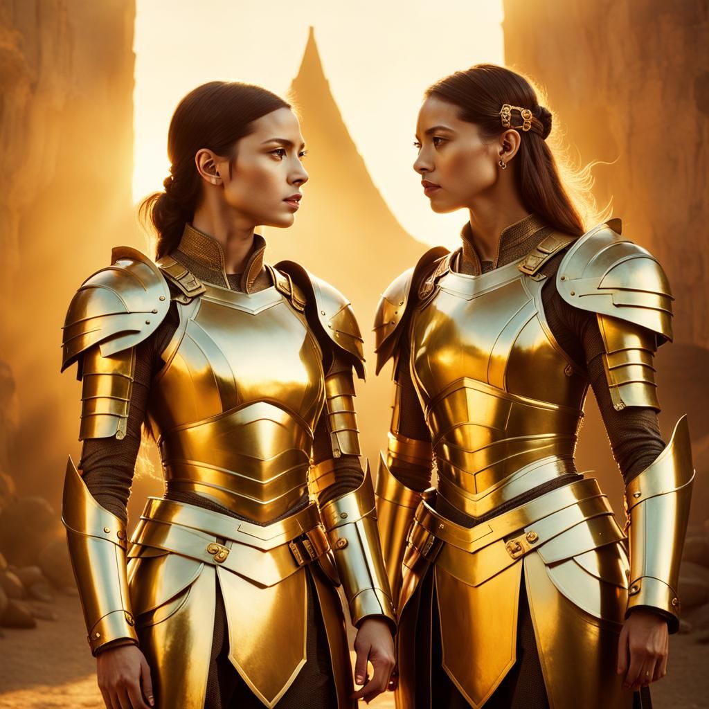 Golden Armored Warrior Women in Cinematic Still