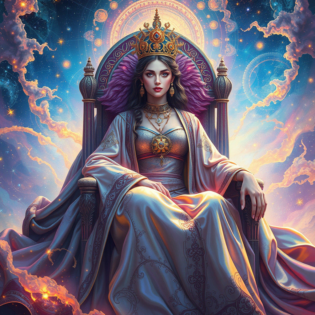 Regal Woman Enthroned in Cosmic Holographic Aura