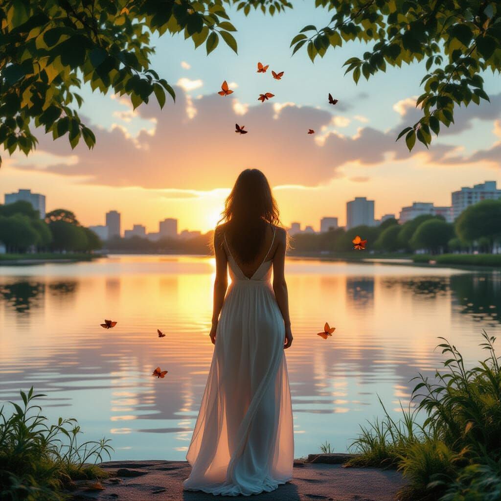 Woman in White Dress at Sunrise over Water