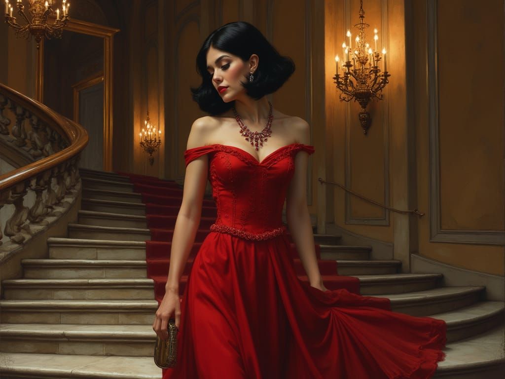 Elegant Woman in Red Gown Descends Grand Staircase