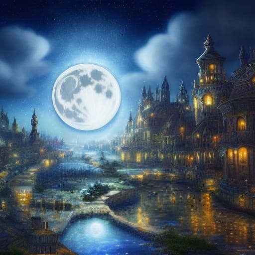 Magic Clock Town Under Moonlit Sky