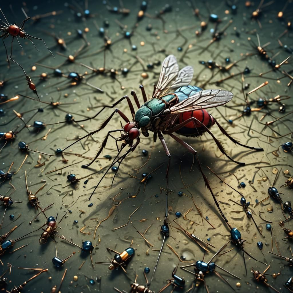 Microscopic Mosquito Bite with Tiny Microchip, Detailed Art