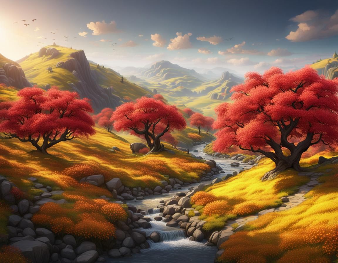 Spring Landscape with Flowering Trees: Fantasy Art