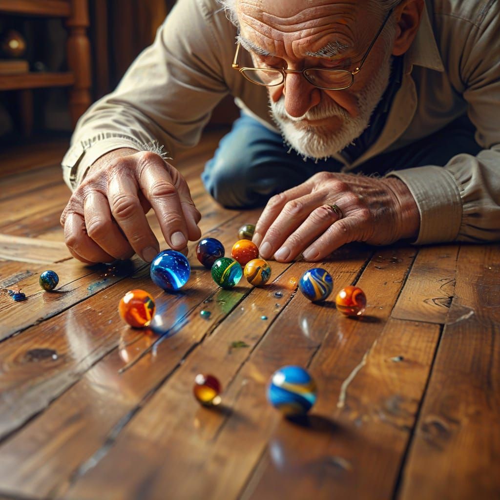 Joyful Old Man Playing Marbles as Digital Art