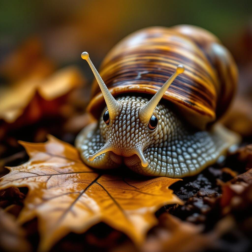 Detailed Snail Portrait with Autumn Leaf