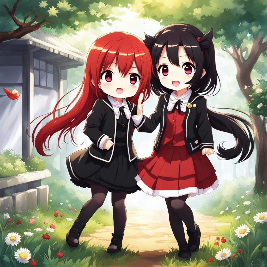 Two Cute Chibi Girls with Red and Black Hair