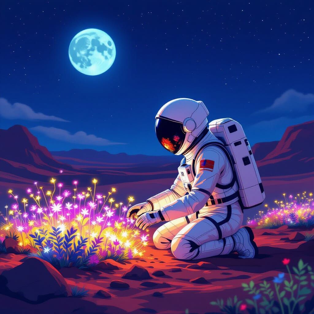 Astronaut Tends Glowing Garden on Mars, Earth Visible
