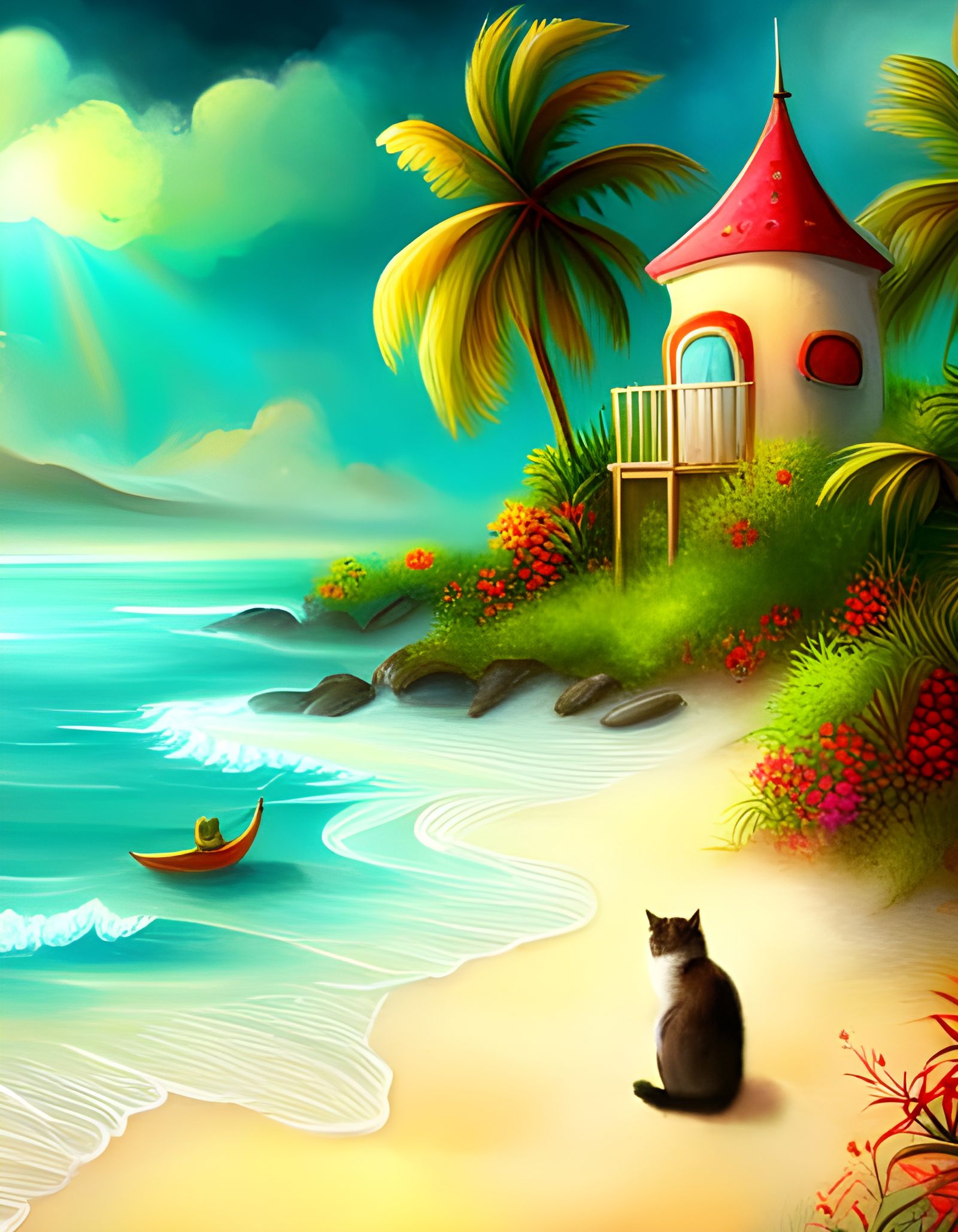 Tropical Beach Cat in Detailed Digital Art