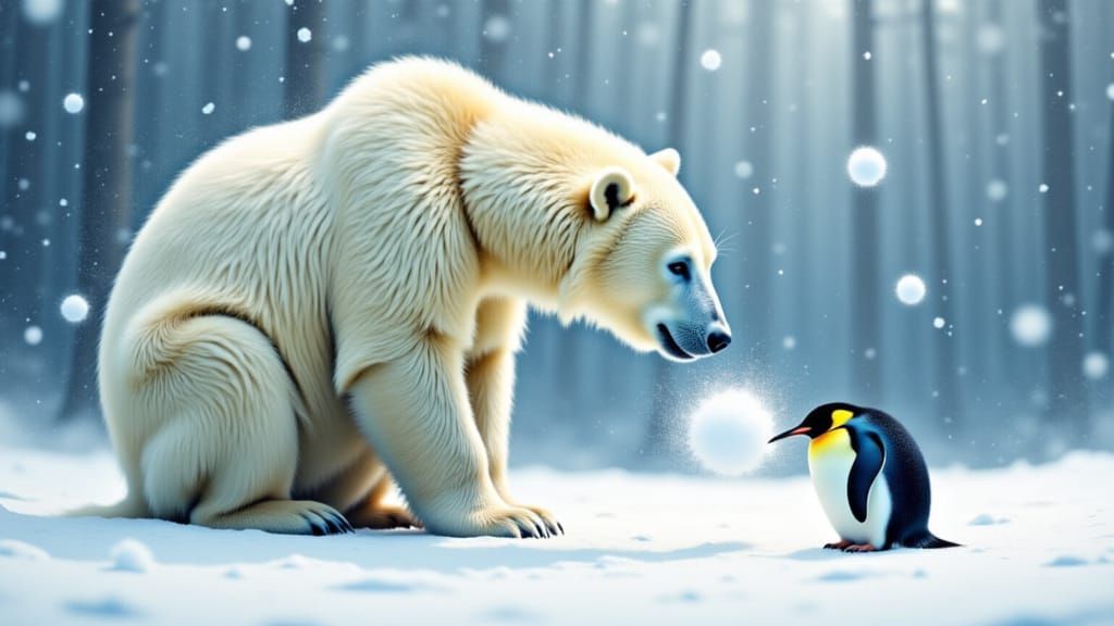 Polar Bear and Penguin Playful Snowball Fight