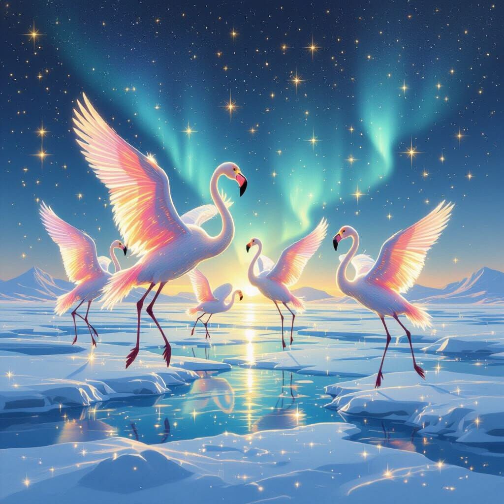 Astral Flamingos Soar Over South Pole in Ethereal Digital Ar...