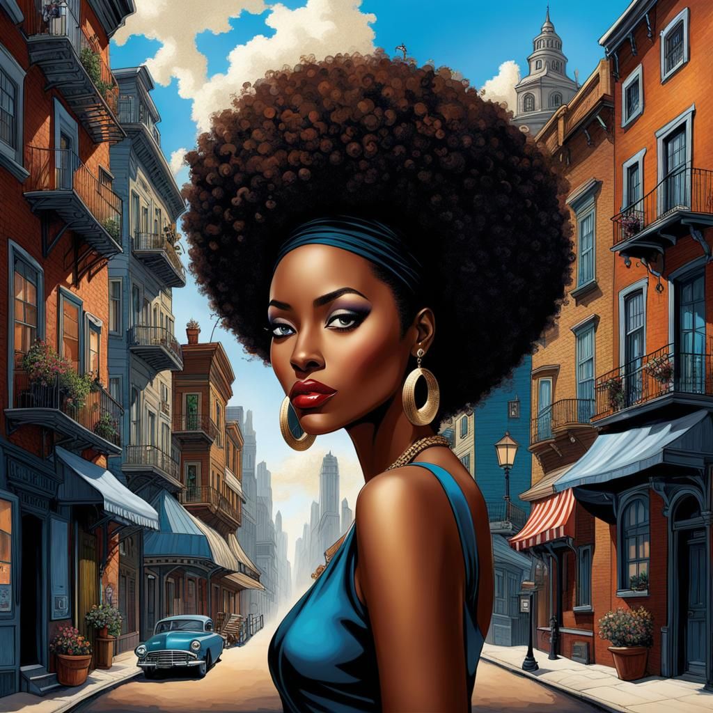 African American Woman in City, Detailed Illustration