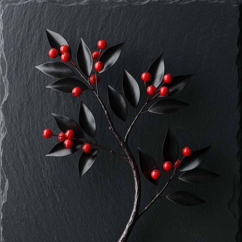 Realistic Dark Branch with Red Berries and Black Leaves