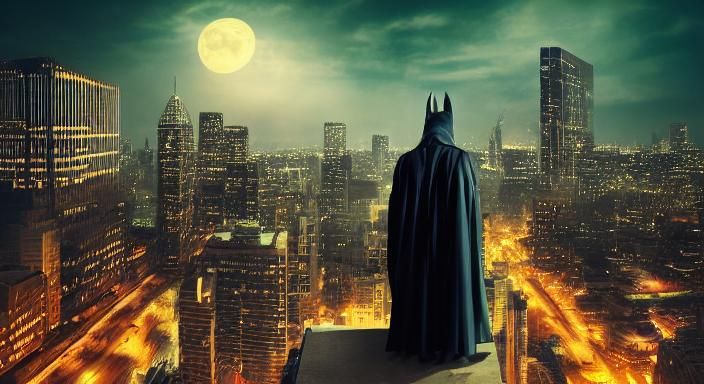 Batman Leaping from Gotham Rooftop in Heroic Pose