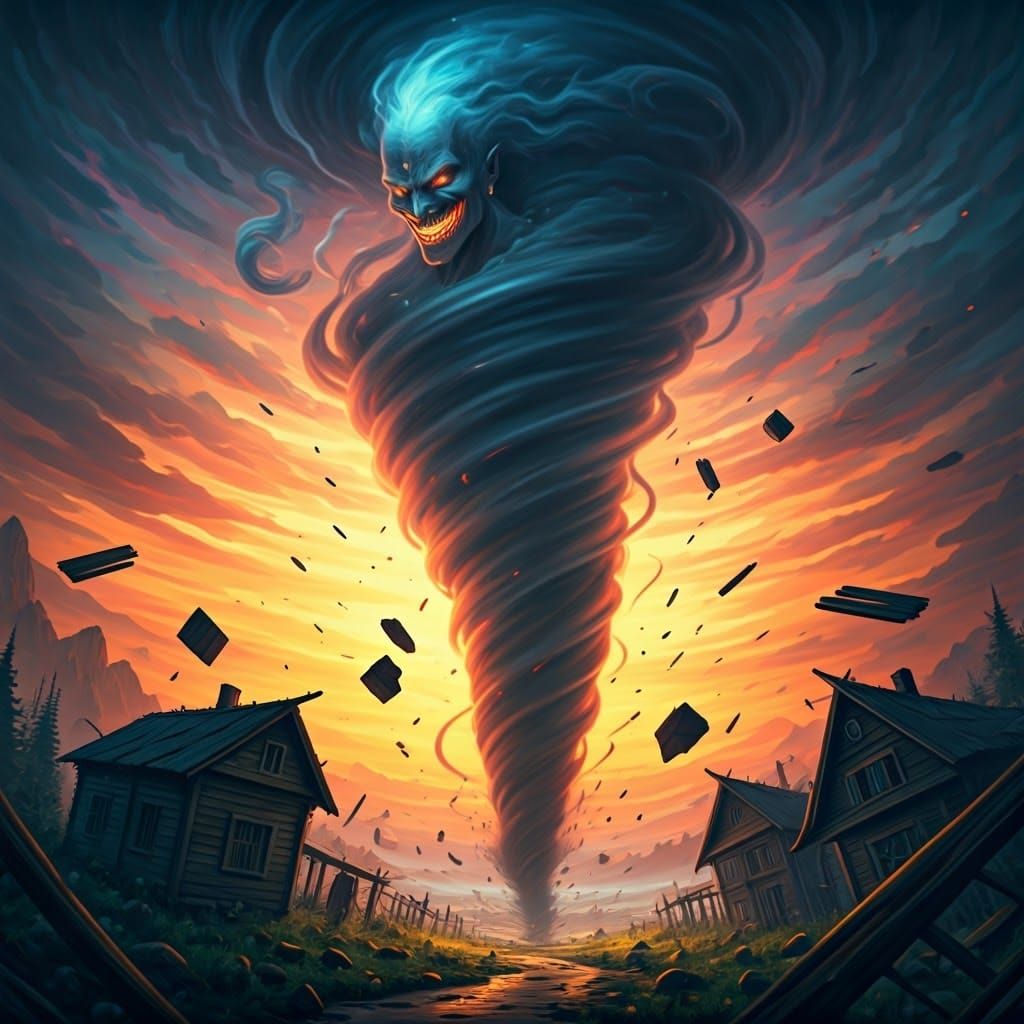 Destructive Tornado with Evil Genie in Dark Art Style