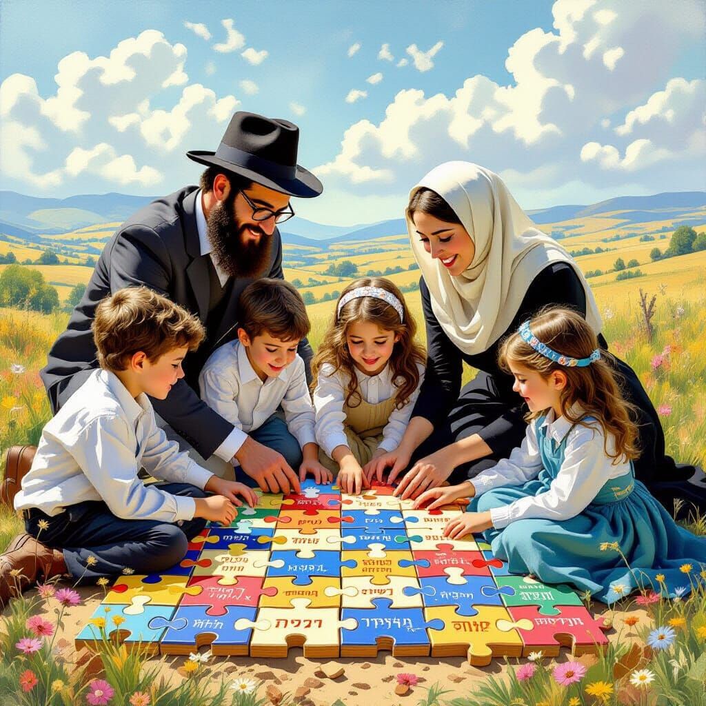 Haredi Family Assembling a Living Puzzle