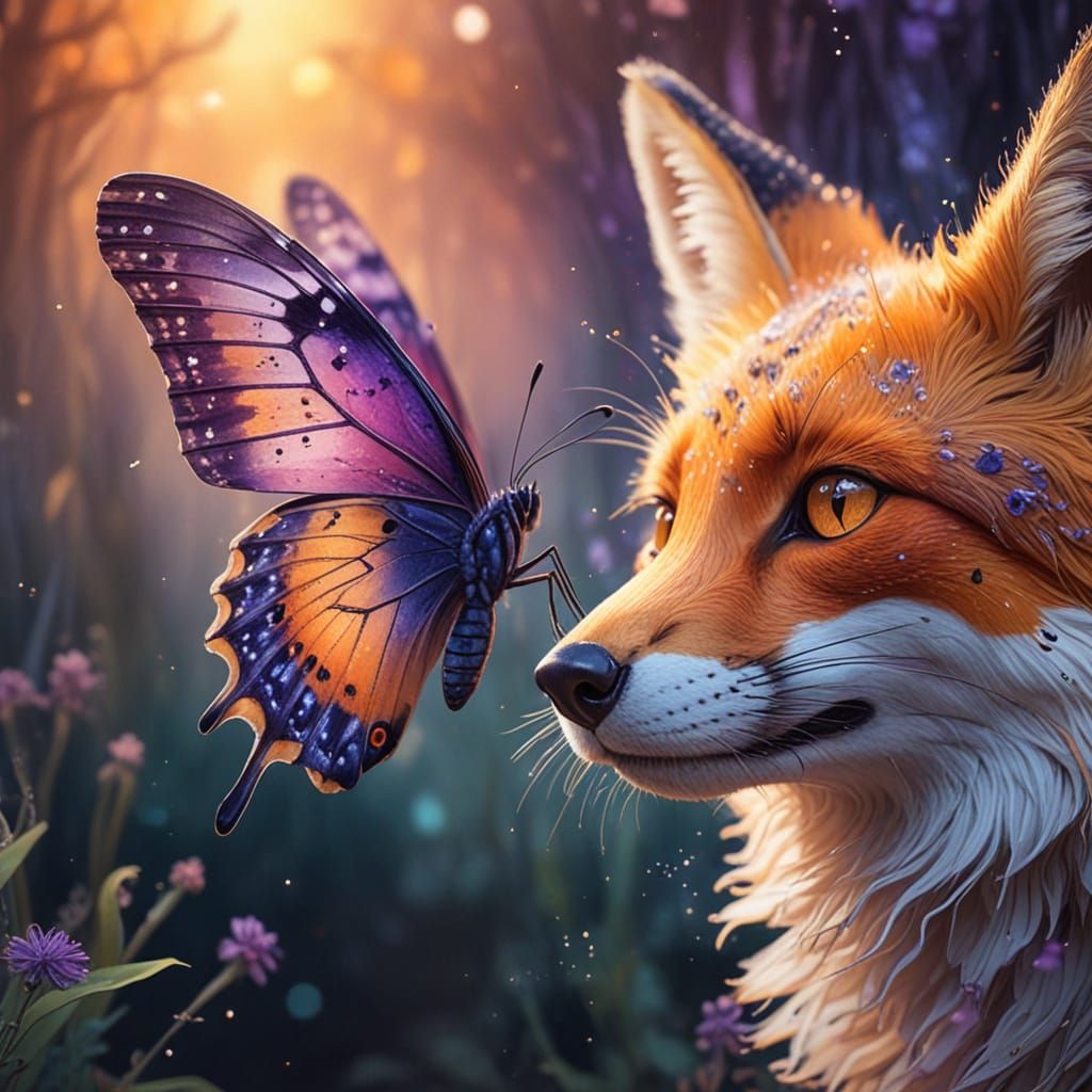 Whimsical Watercolor Butterfly on Fox's Nose in Vibrant Purp...