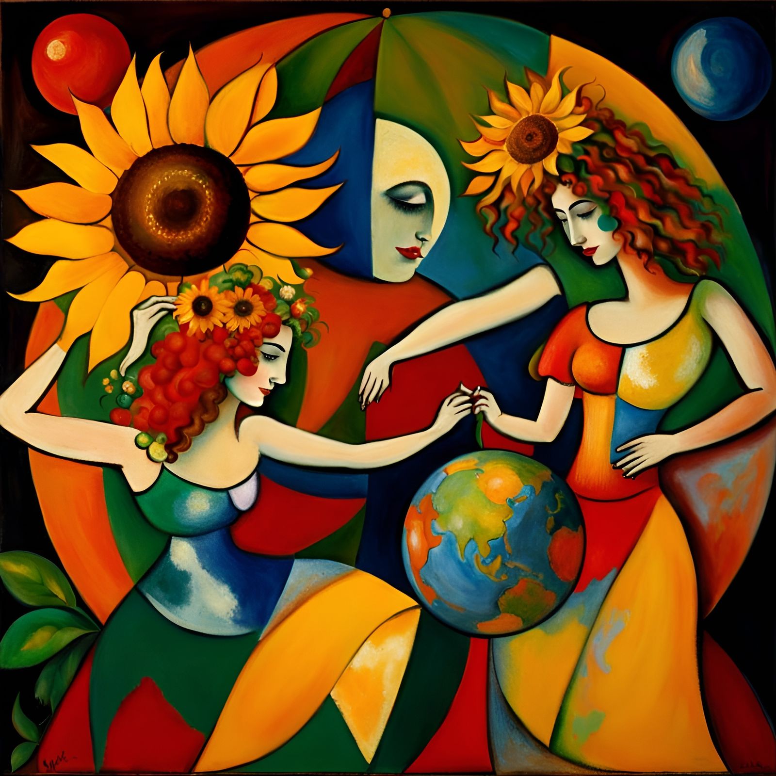 Weightless Dancers with Sunflower Globe, Surreal Art