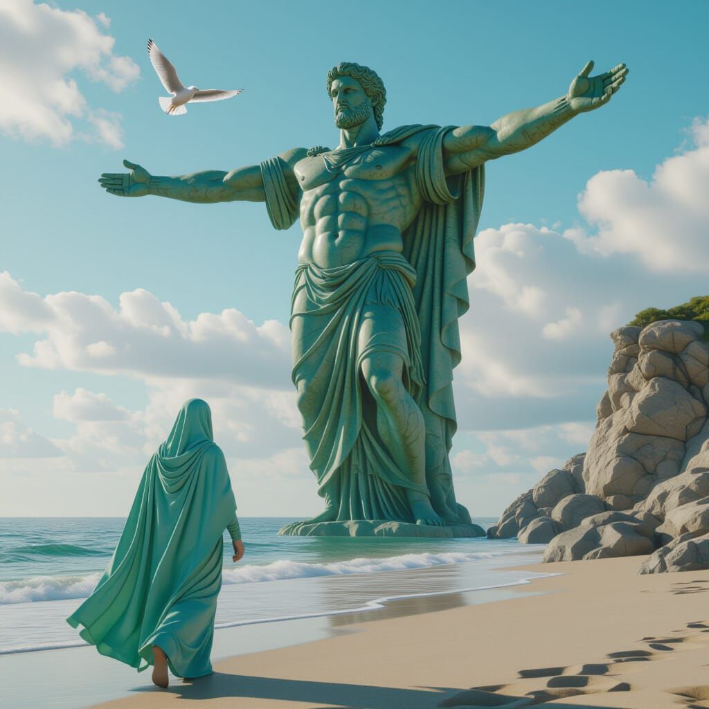 Neptune Arrives Ashore Near Roman Statue: 3D Rendered