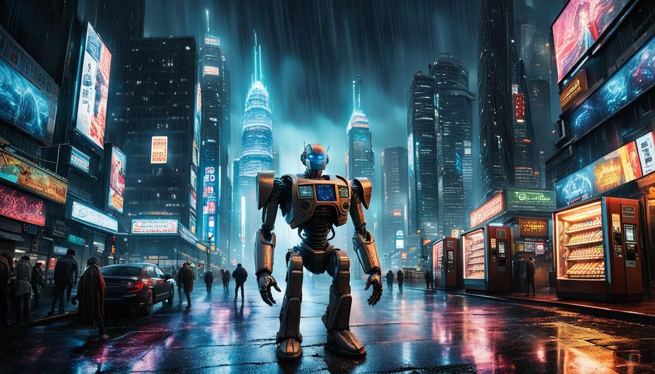 Robot Punches Vending Machine in Grimy Cityscape