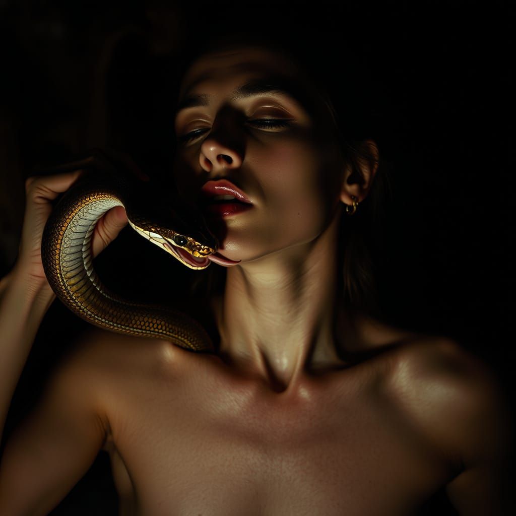 Dark Surrealism: Serene Woman Ensnared by Twisted Viper
