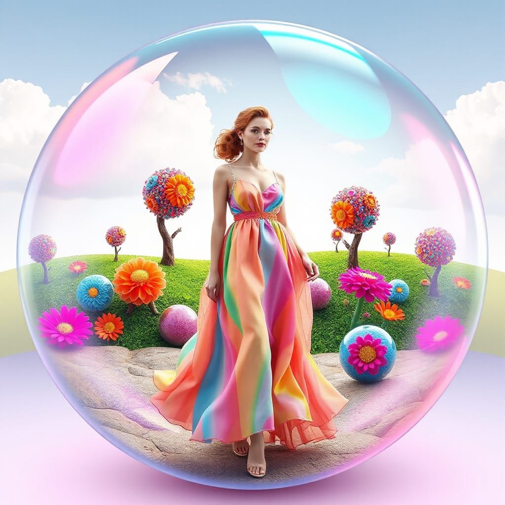 Bubble Fashionista in Whimsical 3D Landscape