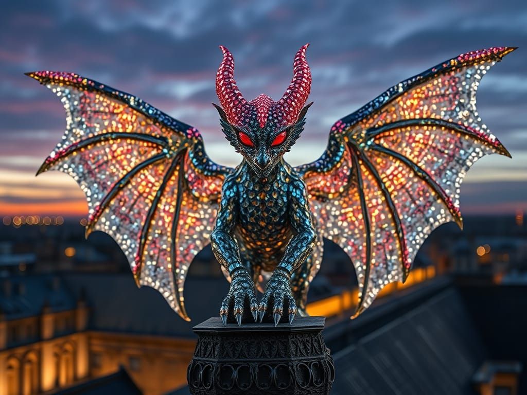 a sparkling mosaic of a gargoyle wings spread wide, mosaic made completely out of clear sparkly darkly colored crystals,...