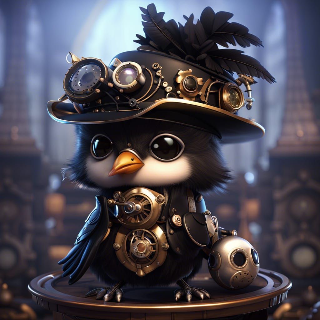 Kawaii Steampunk Baby Crow in Ornate Setting