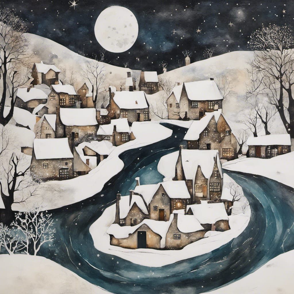 Whimsical Winter Village: Mixed Media Collage