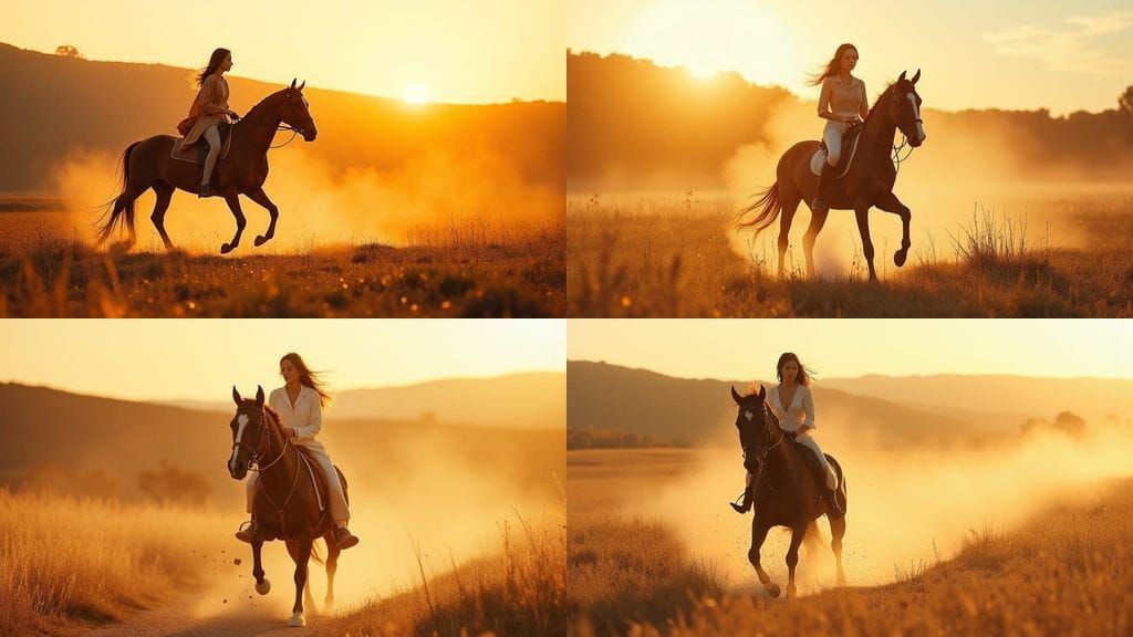 Equestrian Model Gallops Through Tuscan Fields in Golden Hou...