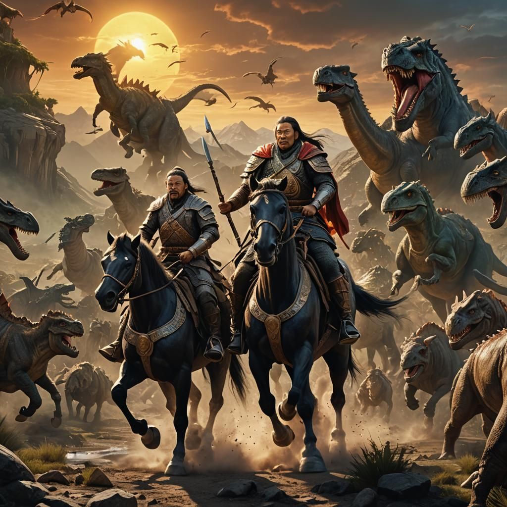 Genghis Khan's Dinosaur Battle: Fantasy Concept Art