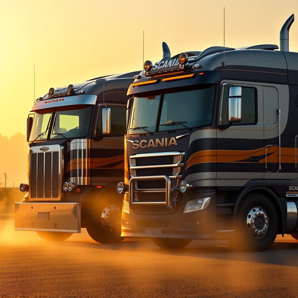 Majestic Peterbilt and Scania Trucks in Golden Dawn Light