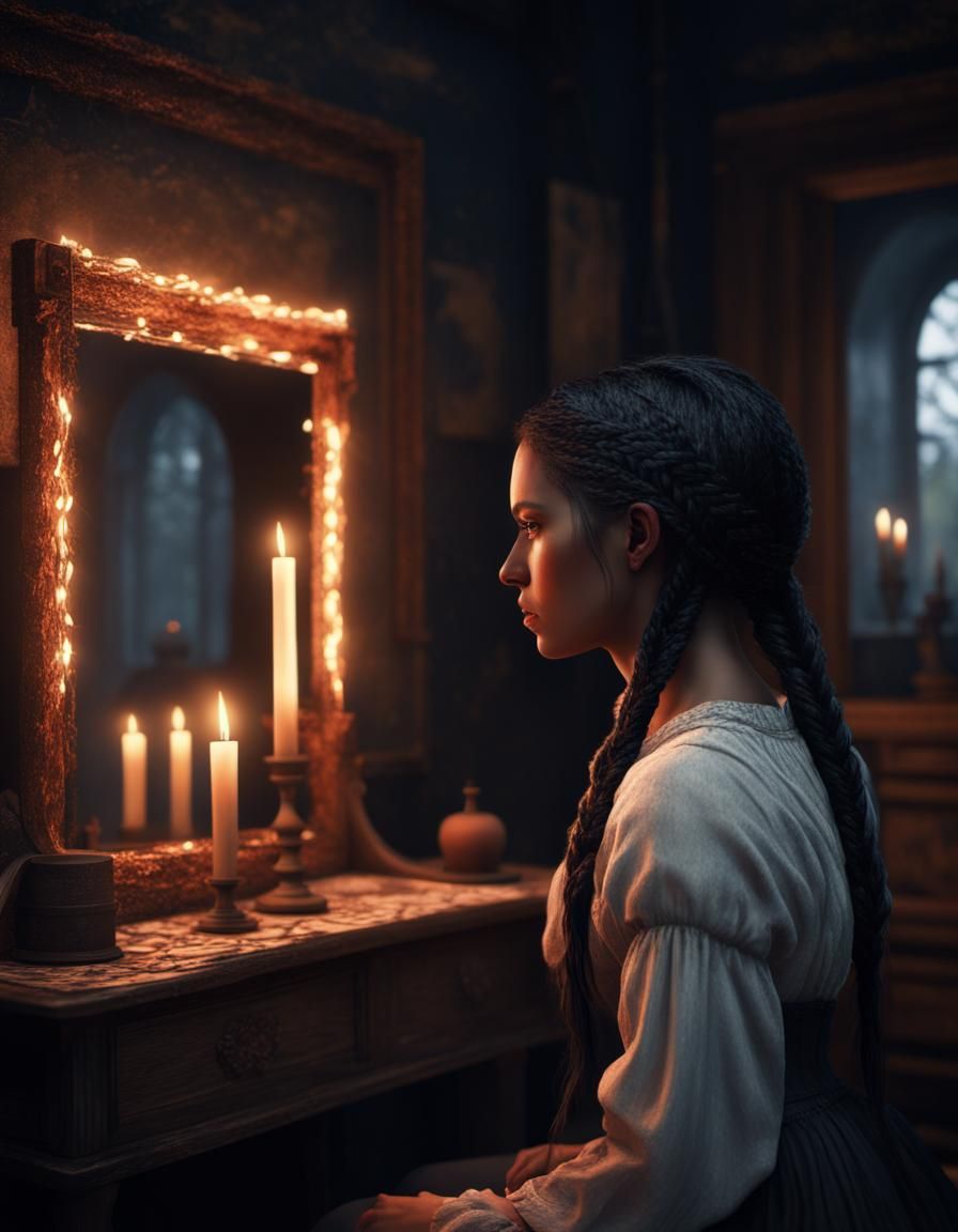 Woman Braiding Hair in Candlelight: Fantasy Art