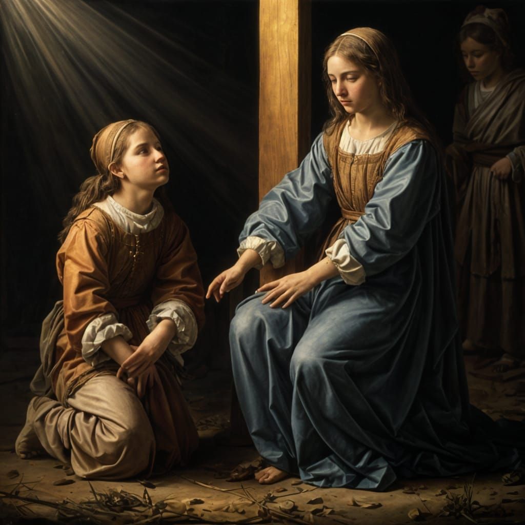 Girls Praying Before Cross in Renaissance Style