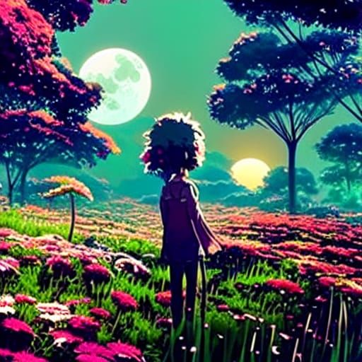 Moonrise Over Flower Grove in Anime Style