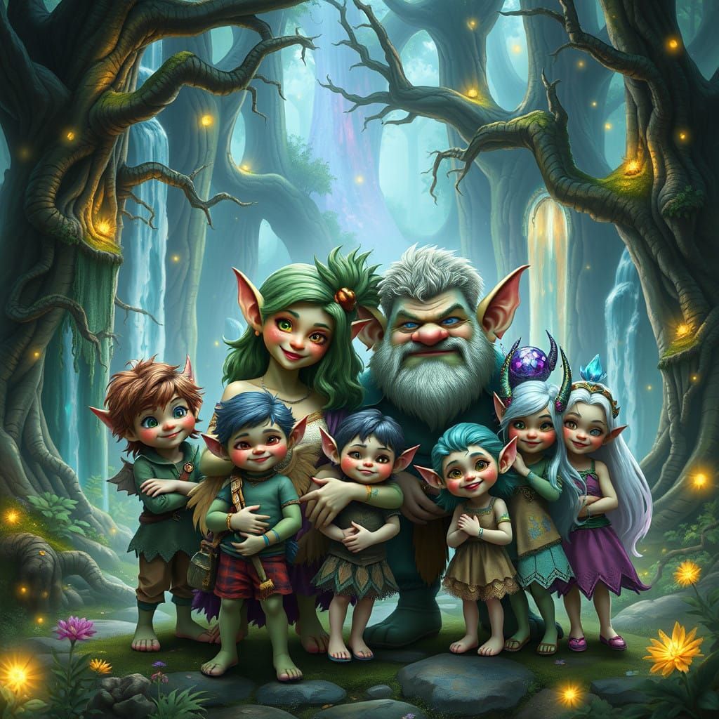 Whimsical Forest Troll Family in Ancient Glowing Woodland