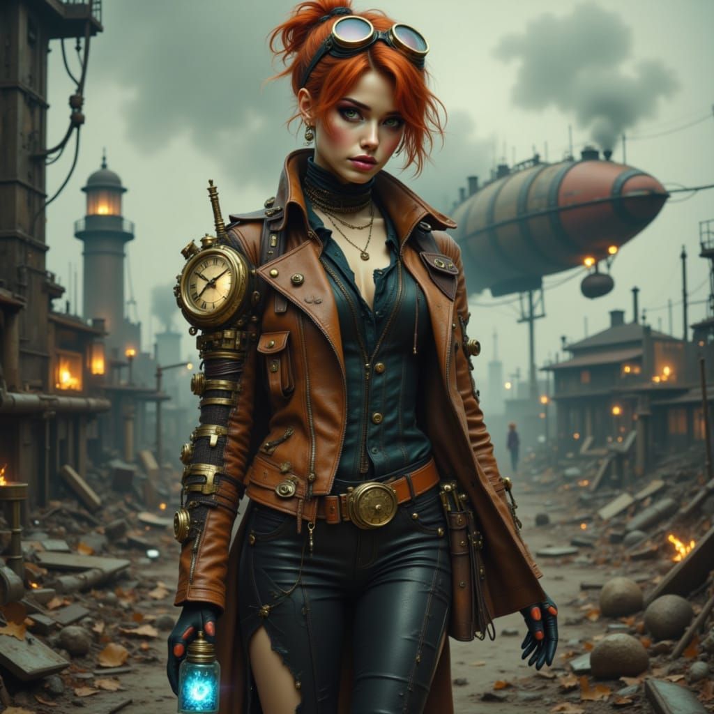 Steampunk Woman with Brass Arm on Factory Rooftop