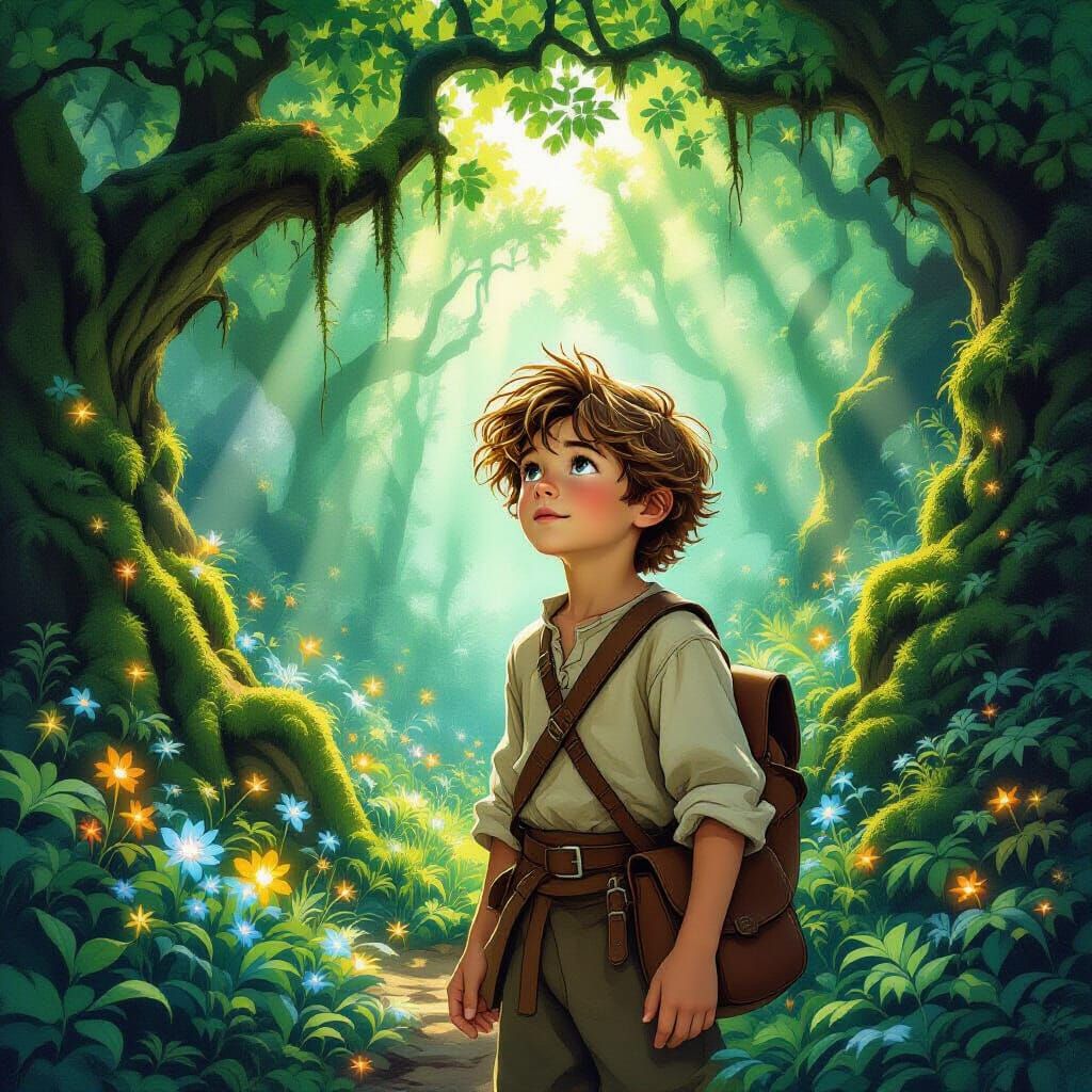 Boy Exploring Magical Forest in Fantasy Illustration Style