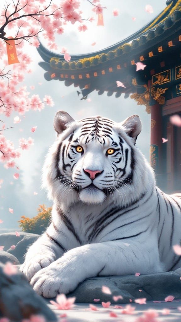 Dreamy White Tiger in a Misty Japanese Temple