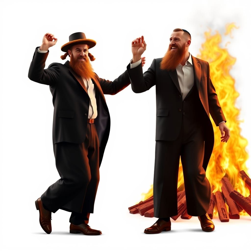 Joyful Hasidic Man Dancing Beside Lag Ba'Omer Bonfire in Cyb...