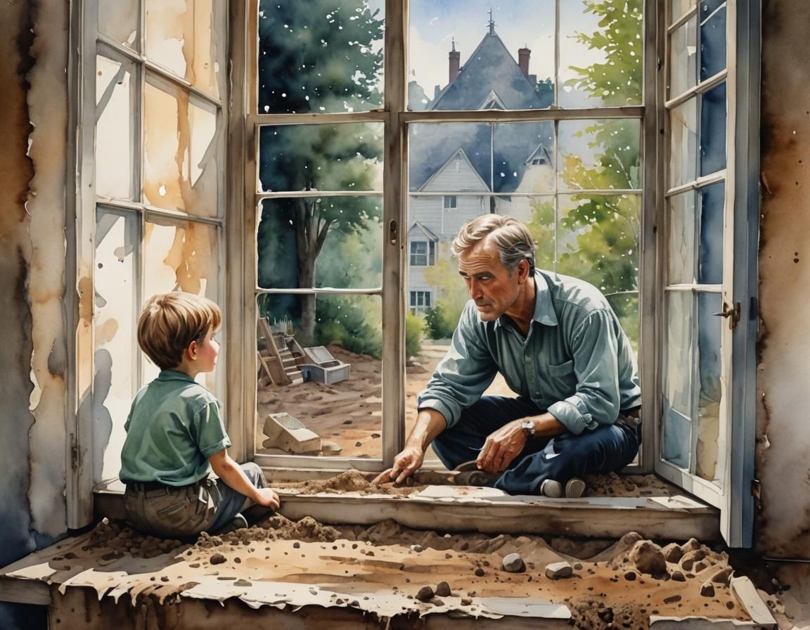 Nostalgic Watercolor: Man Watching Child Play