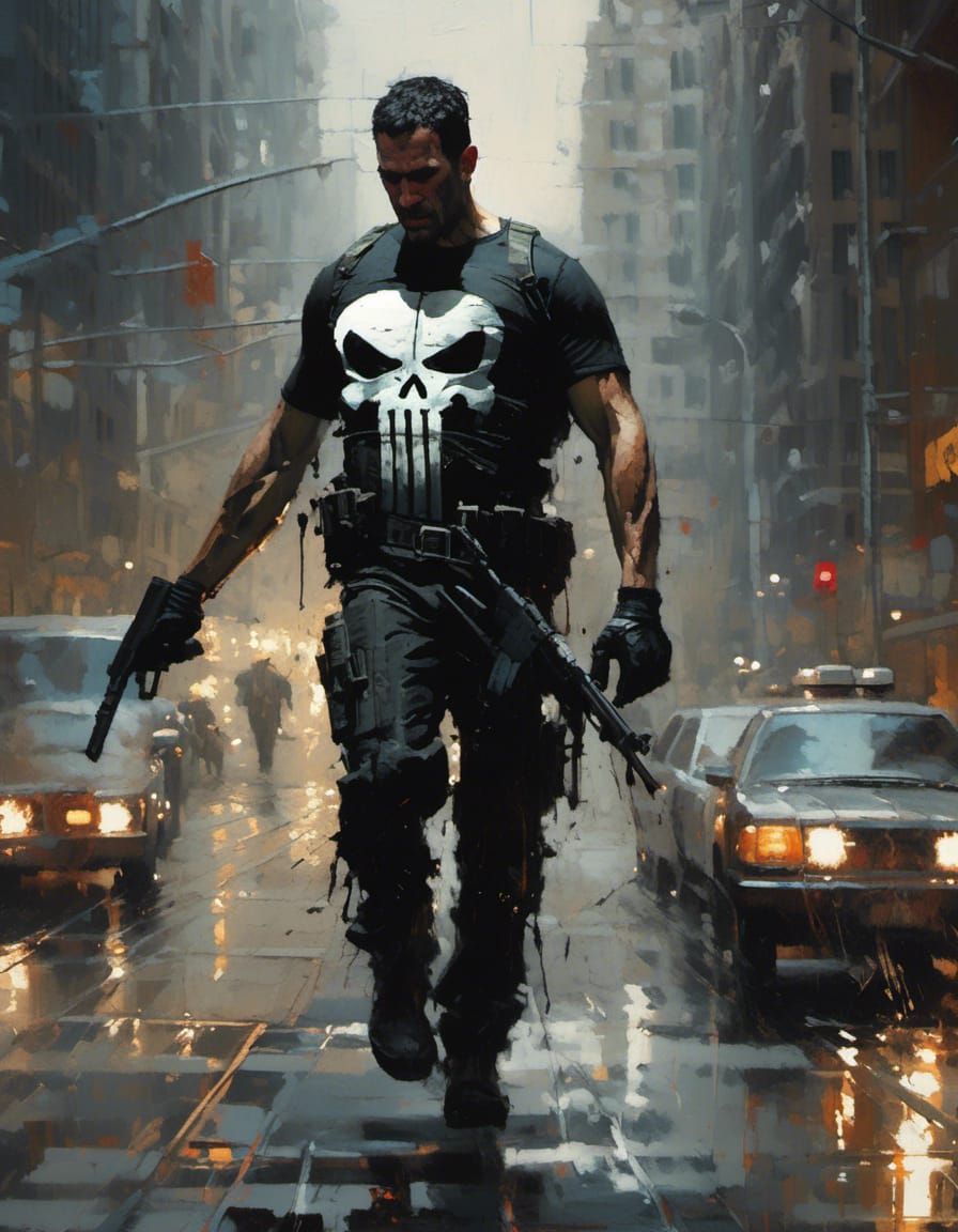 <lora:Character X:1.0> Extremely realistic action shot of "The Punisher", detailed film action scene, Insanely Detailed ...