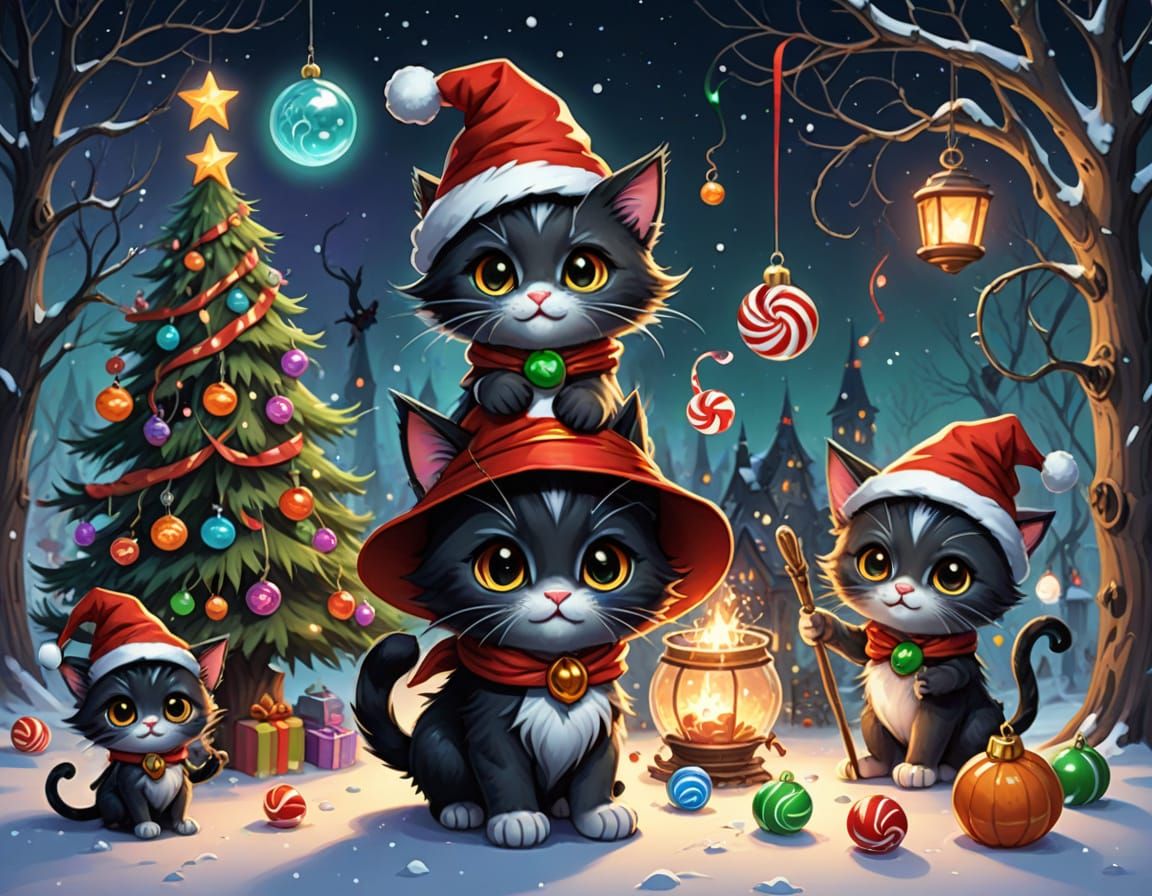 Chibi Witch Kittens Decorate Haunted Christmas Tree