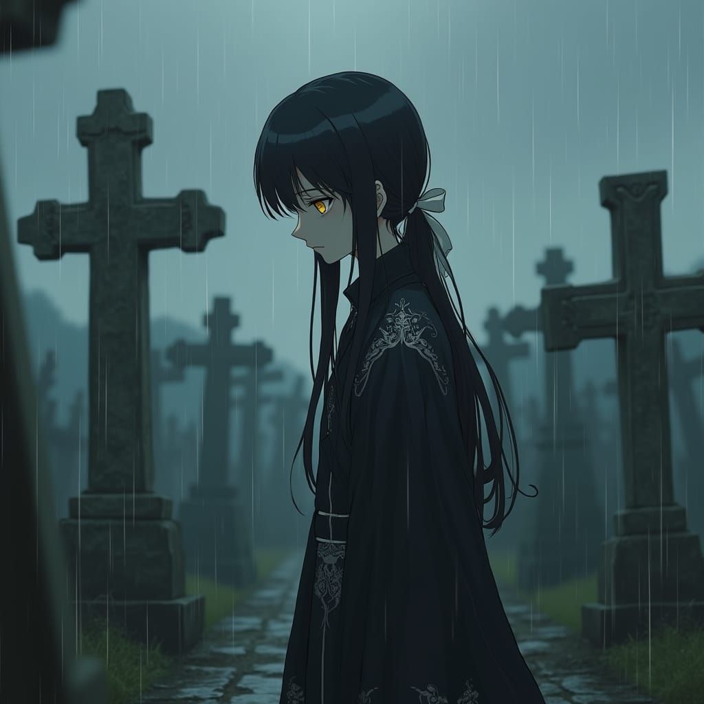 Elegant Anime Boy in Rainy Graveyard