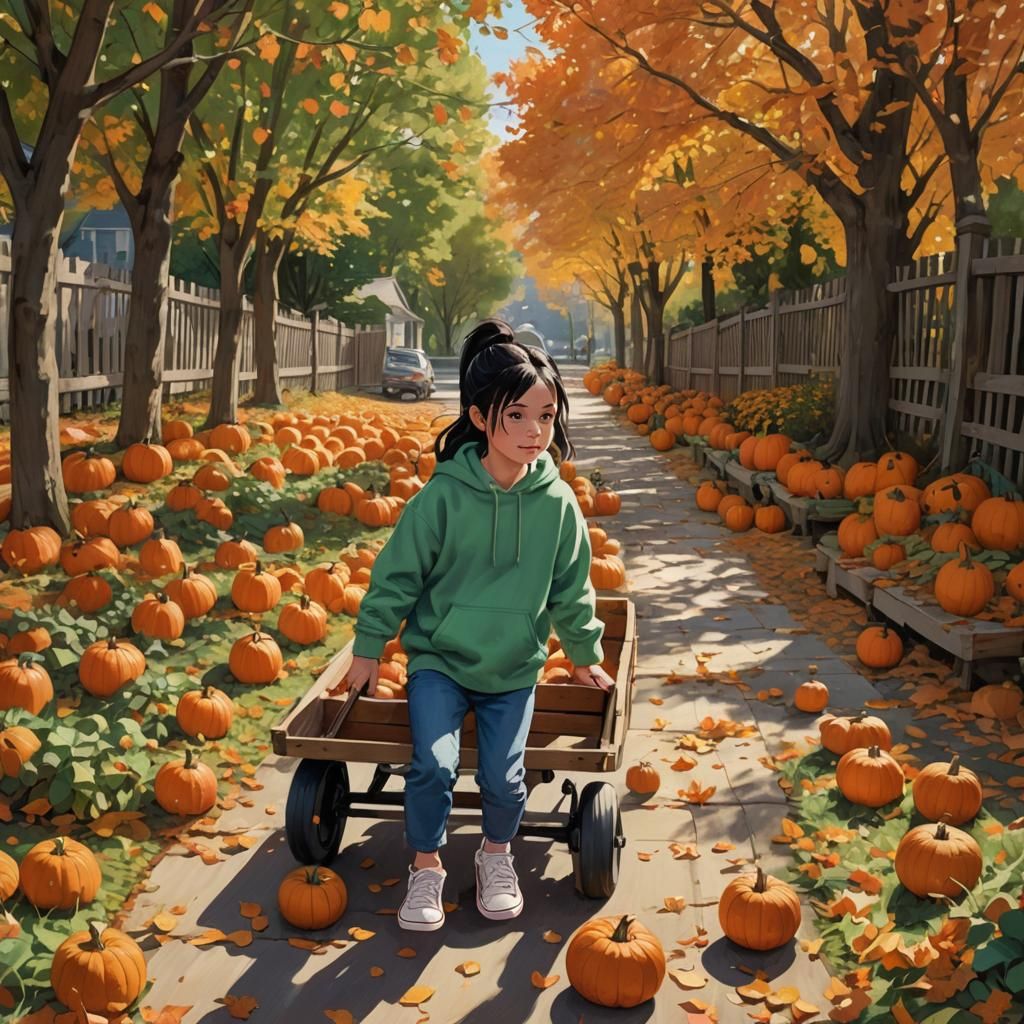 Girl with Pumpkins in Whimsical Autumn Landscape
