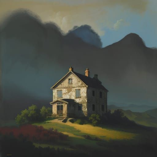 Old House on Hill: Impressionist Gouache Painting